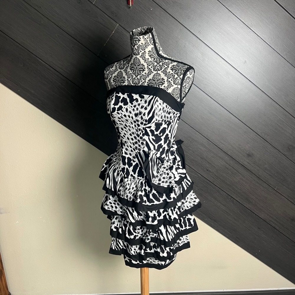 Miss Oops Strapless Animal Print Ruffle Mini Dress 8 Black White VTG  Cocktail